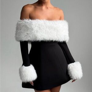 Stylish Off-Shoulder Black Dress with White Fur Trim